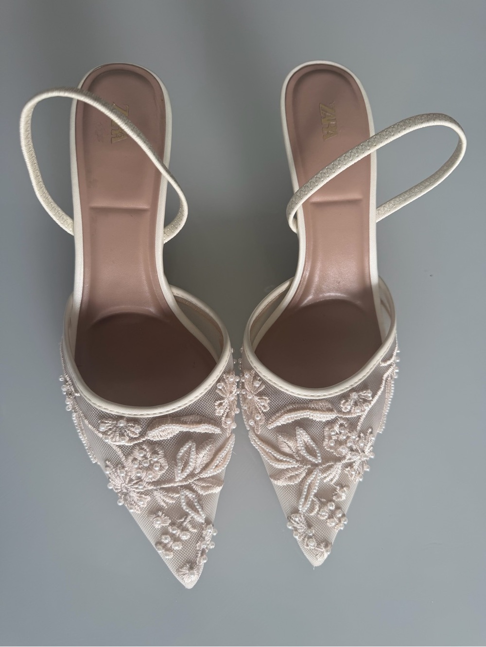 Beaded Cream Pointed-Toe Slingback Heels